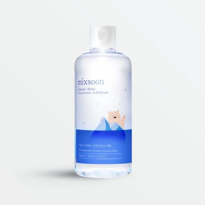 MIXSOON Glacier Water Hyaluronic Acid Serum 300ml – clear plastic bottle with blue label and illustrated polar bear, standing on a light grey background