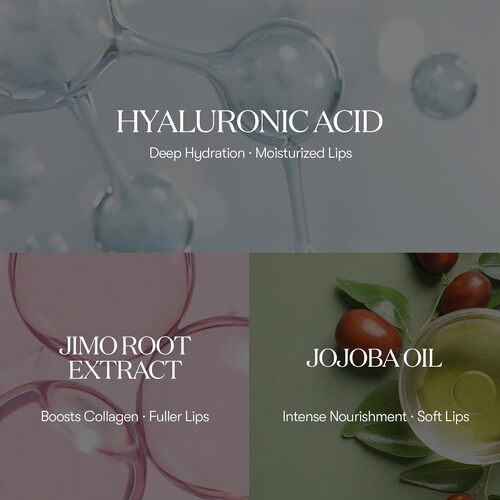 Lip care product with hyaluronic acid, jimo root extract, and jojoba oil on a dark background.