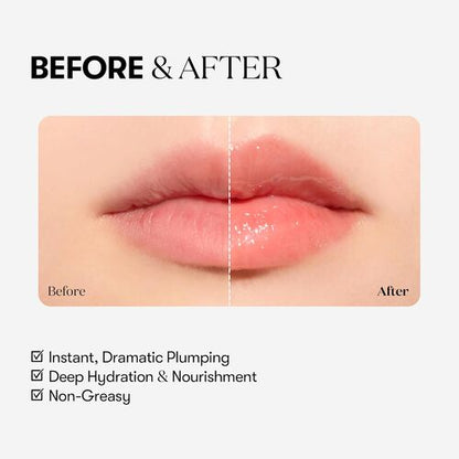 Before and after comparison of lips with text highlighting product features on a light gray background