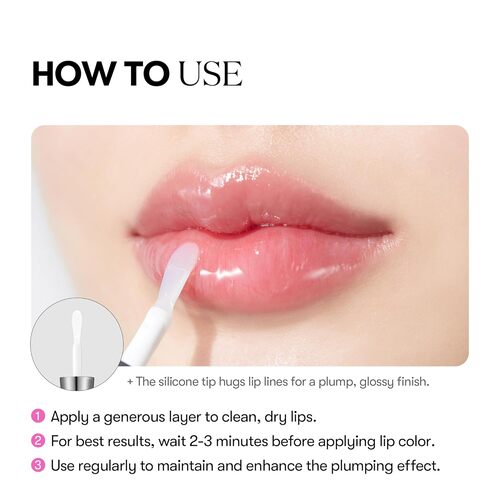 Lip gloss application guide with close-up of lips and text instructions.