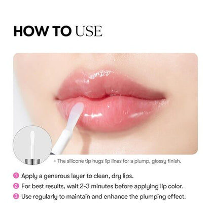 Lip gloss application guide with close-up of lips and text instructions.