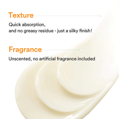 Textured cream with 'Texture' and 'Fragrance' information on a white background