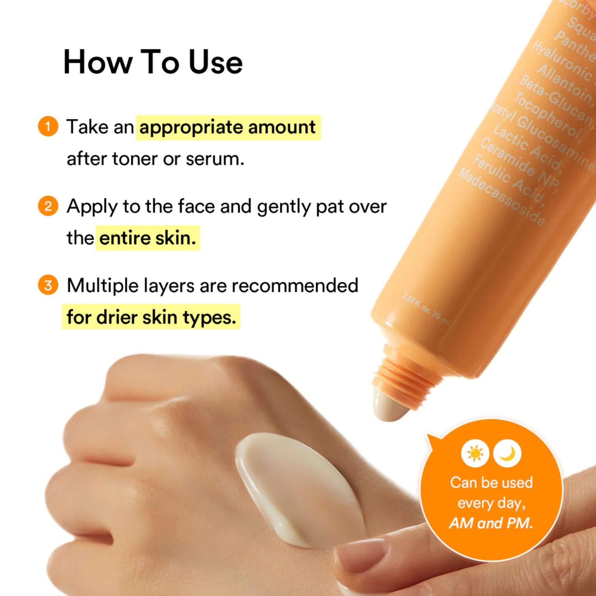 Instructions on how to use a skincare product with a close-up of a hand applying it.