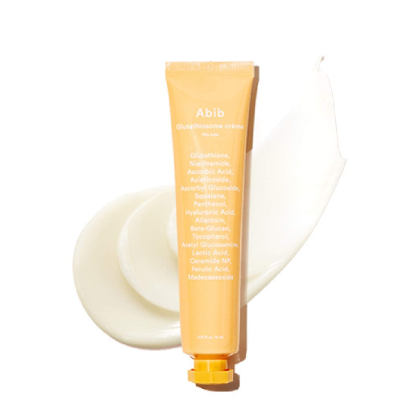 Orange tube of Abib skincare product with cream swatch on a white background