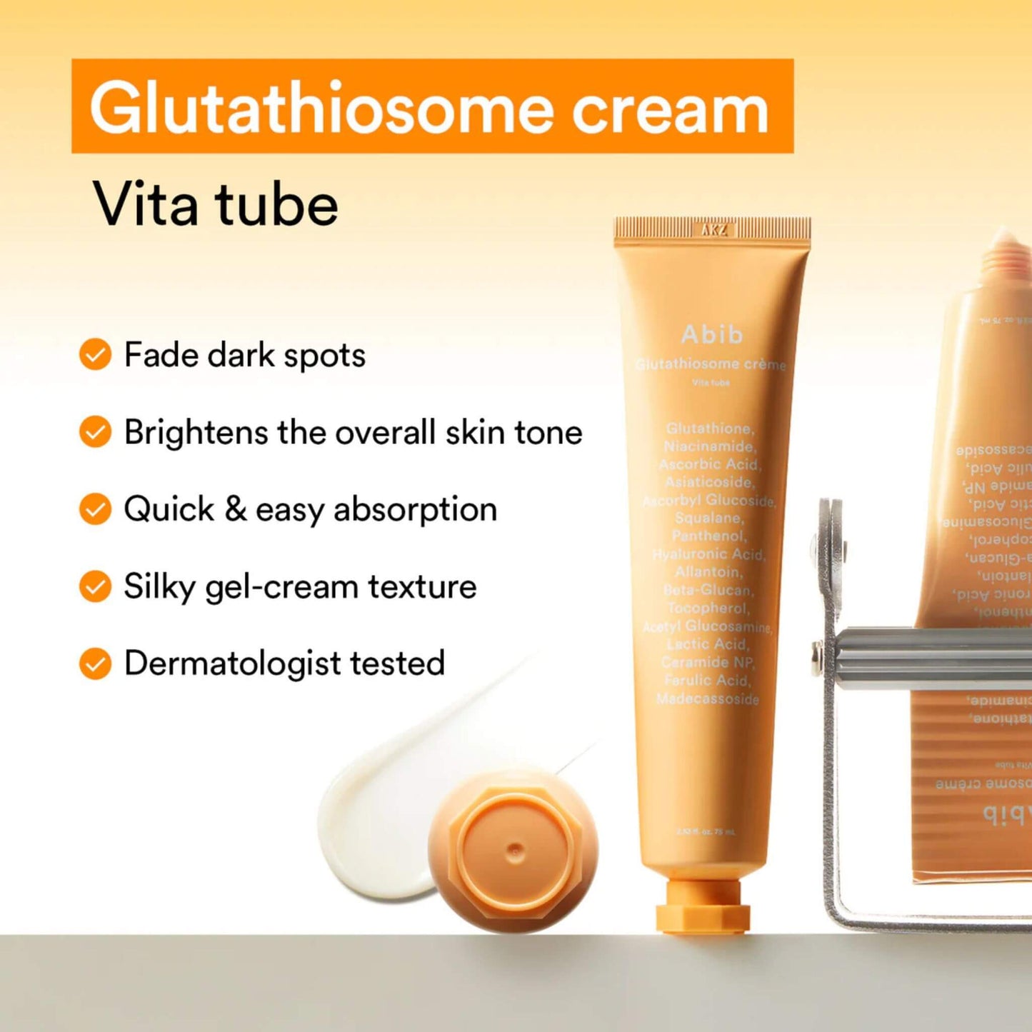 Glutathione cream tube with product features on a yellow background