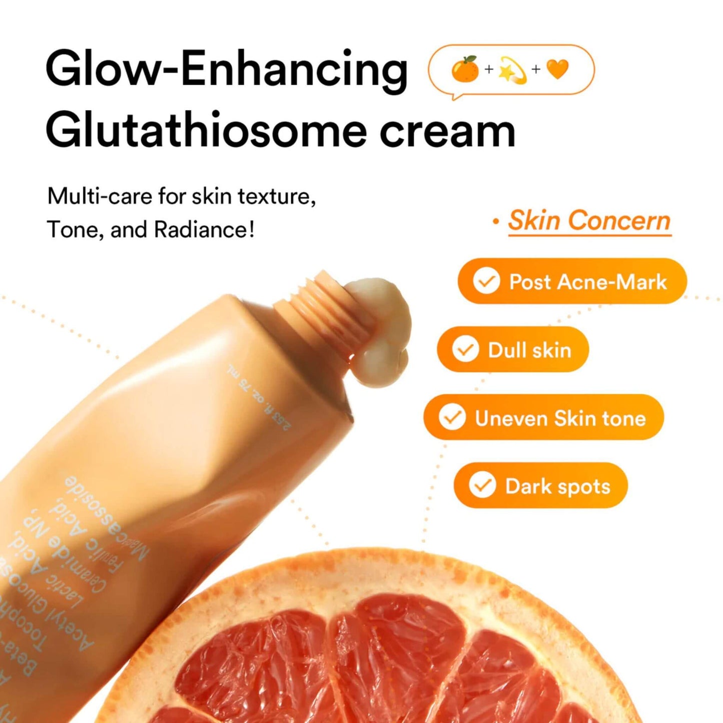 Glow-enhancing Glutathiosome cream with a tube and grapefruit slice on a white background
