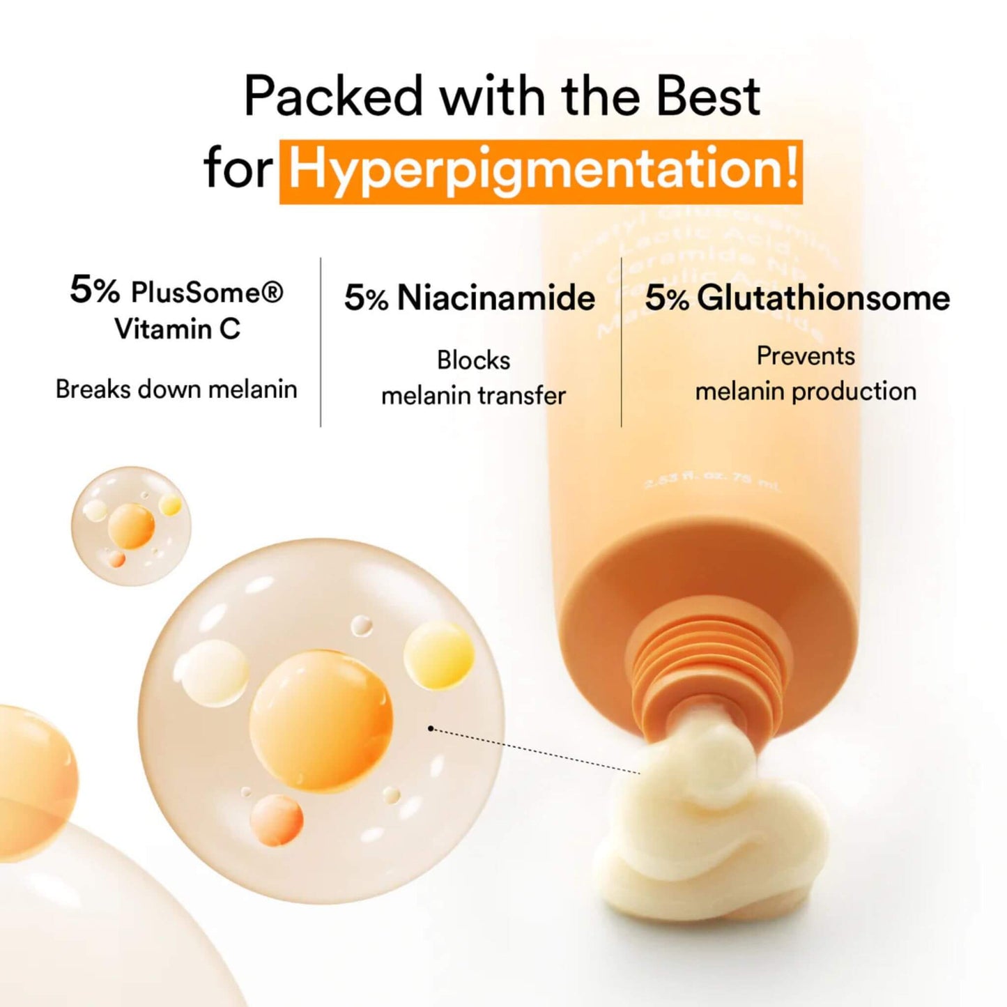 Cosmetic product with text highlighting its ingredients for hyperpigmentation treatment on a white background.