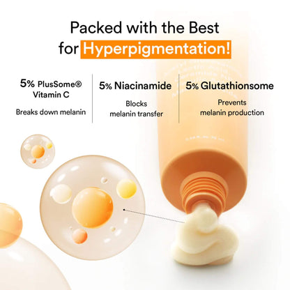 Cosmetic product with text highlighting its ingredients for hyperpigmentation treatment on a white background.