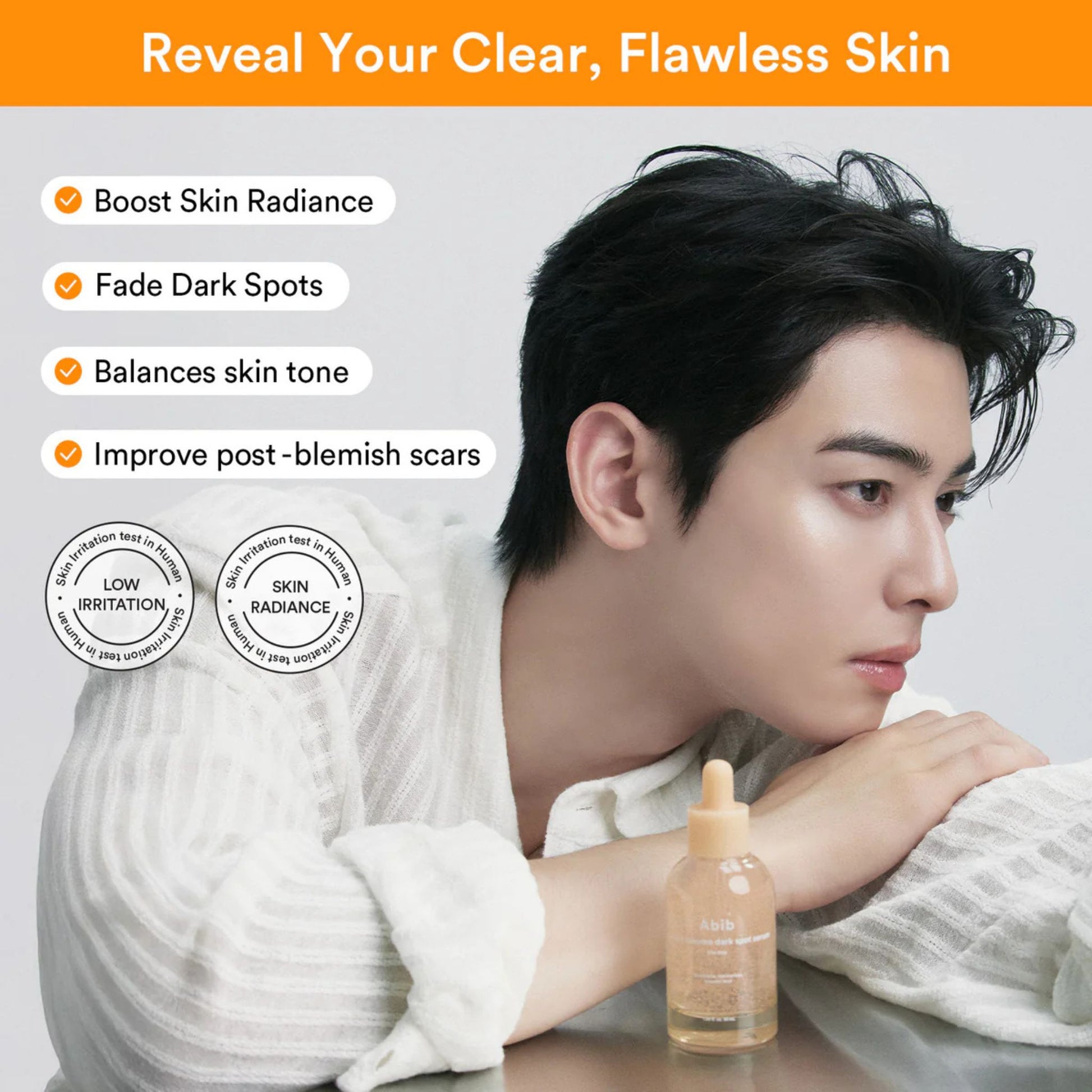 Person with skincare benefits listed and a bottle of serum on a gray background