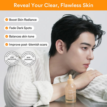 Person with skincare benefits listed and a bottle of serum on a gray background