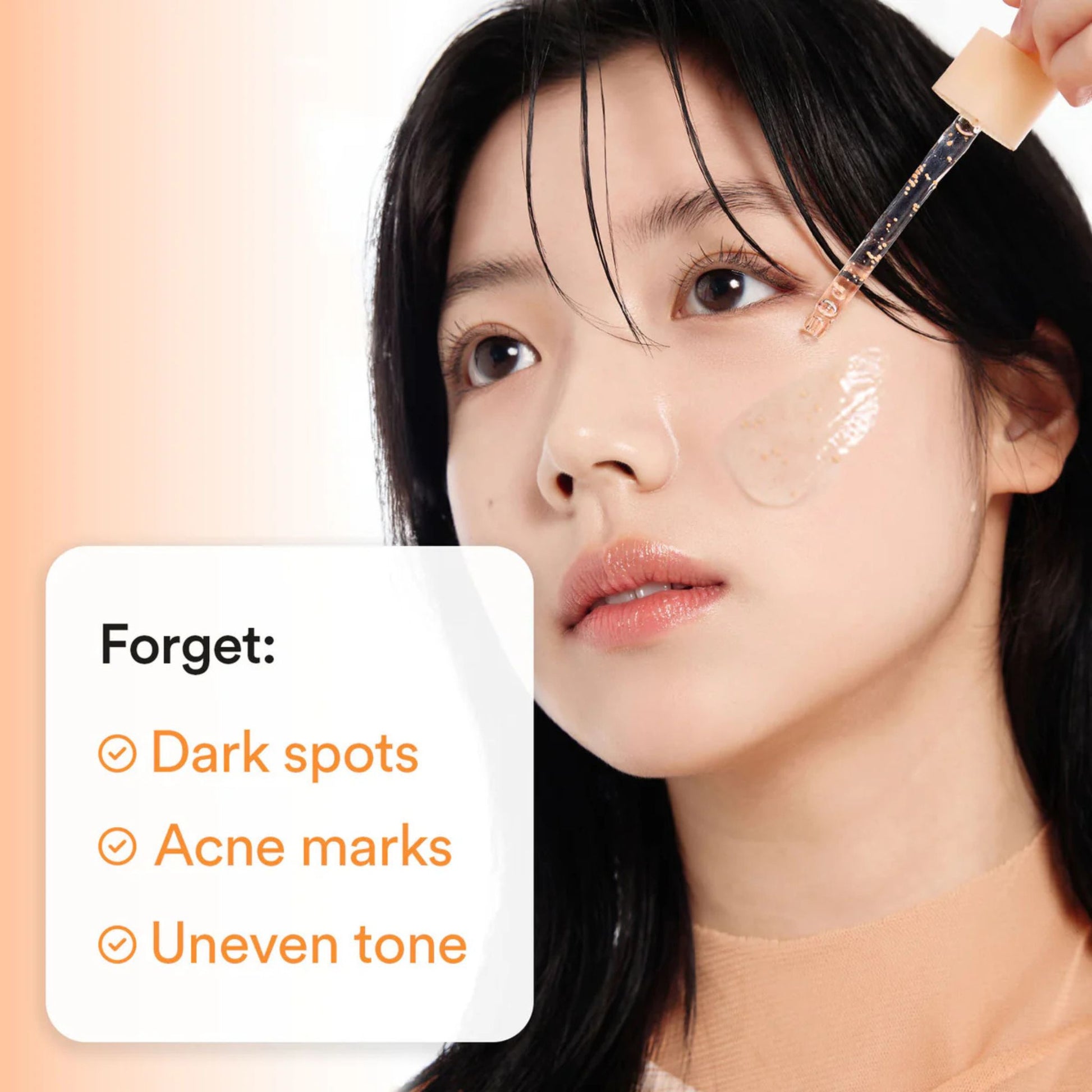 Woman applying skincare product with text about removing dark spots, acne marks, and uneven tone.