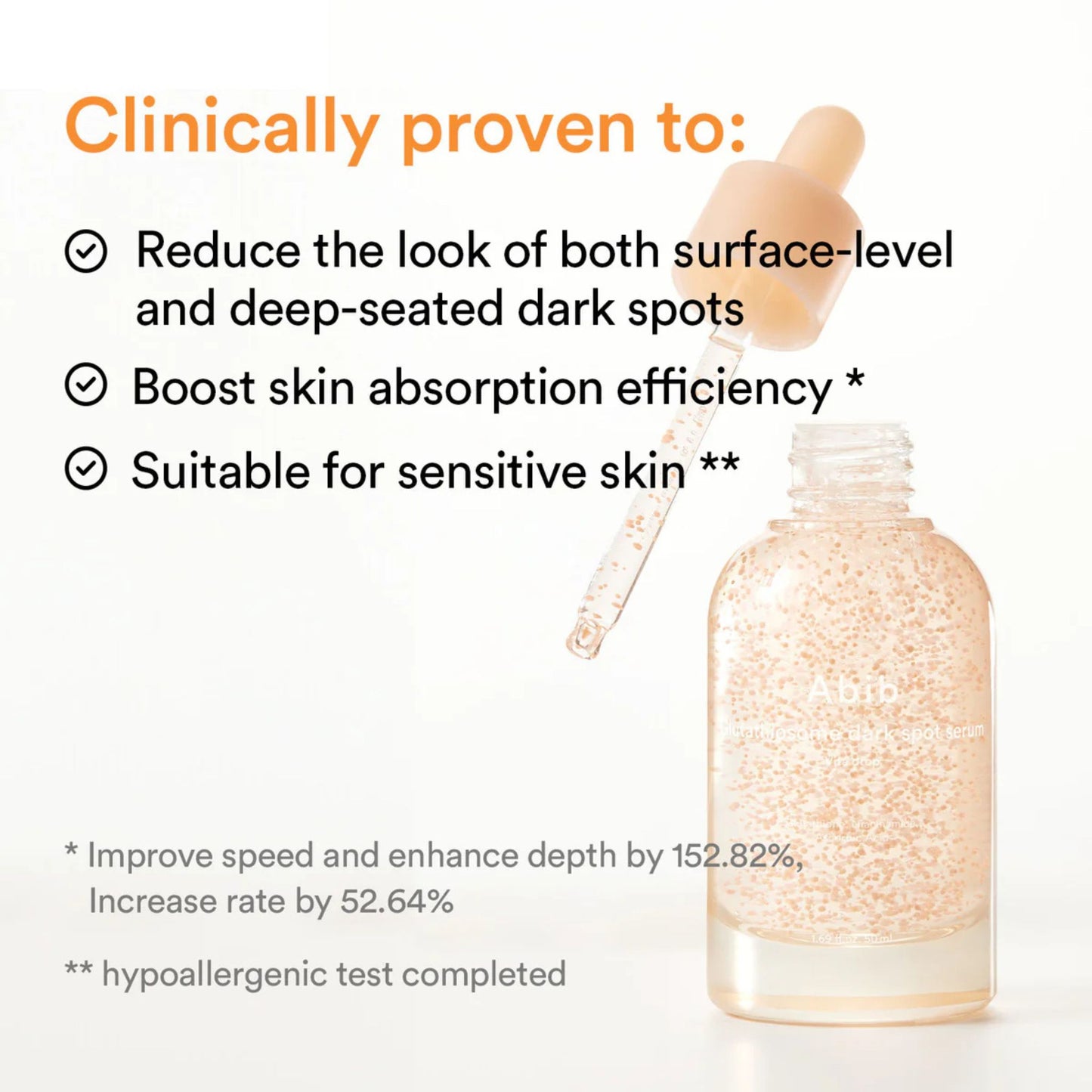 Skincare product with dropper and text highlighting benefits on a white background