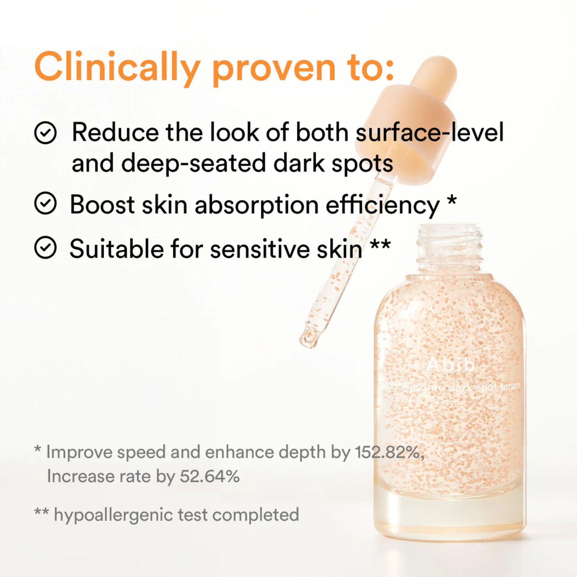 Skincare product with dropper and text highlighting benefits on a white background