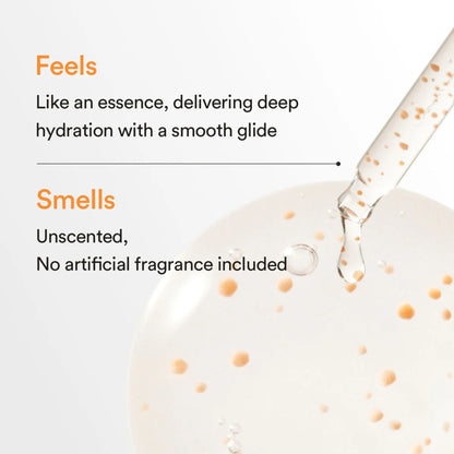 Product droplet with text about hydration and fragrance.