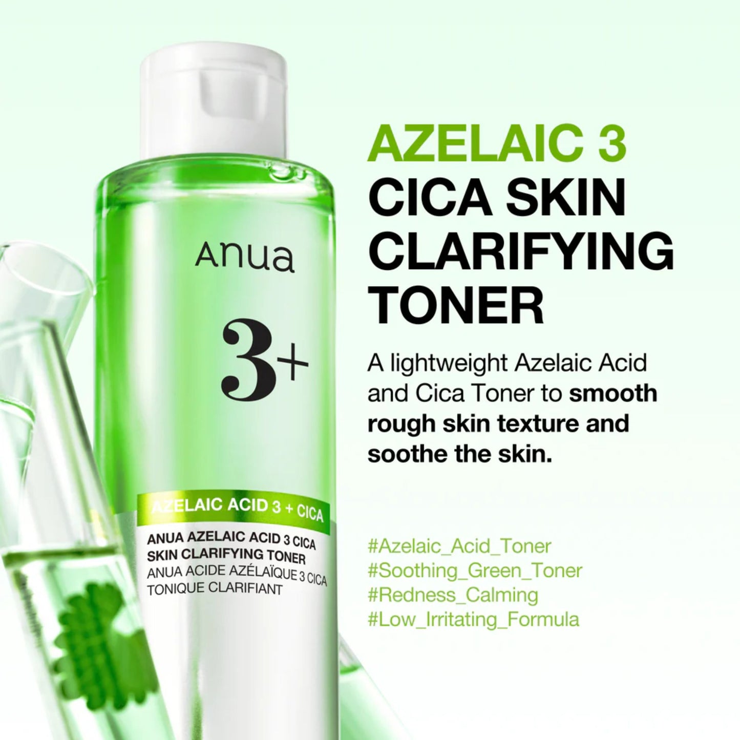 Anua Azelaic 3 Cica Skin Clarifying Toner bottle with product details on a light green background