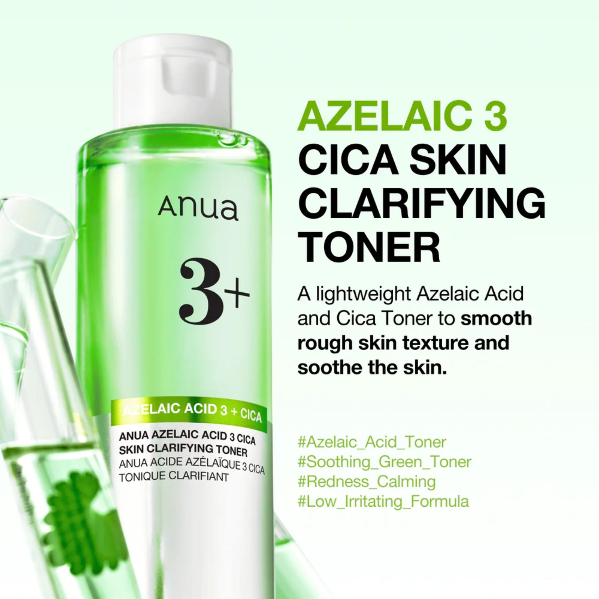 Anua Azelaic 3 Cica Skin Clarifying Toner bottle with product details on a light green background