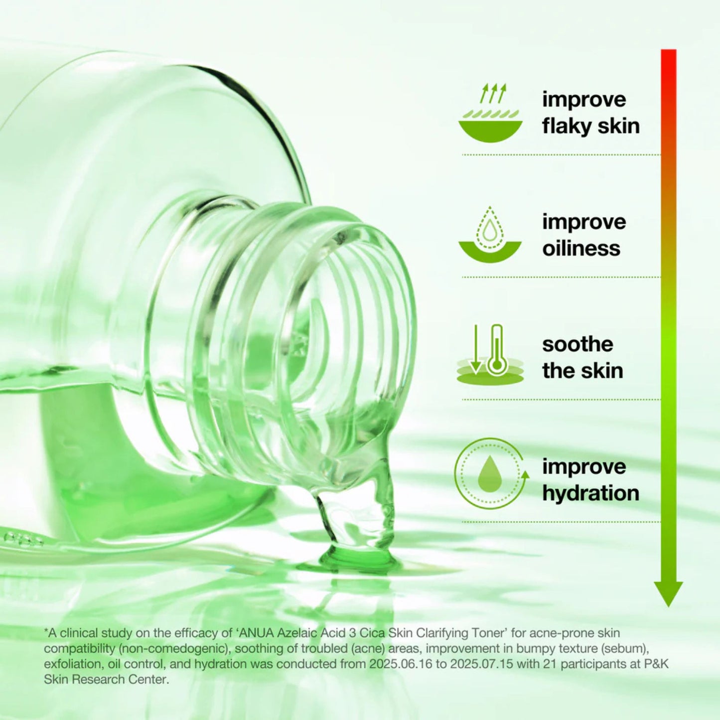 Green skincare product with text on benefits and a clinical study reference.
