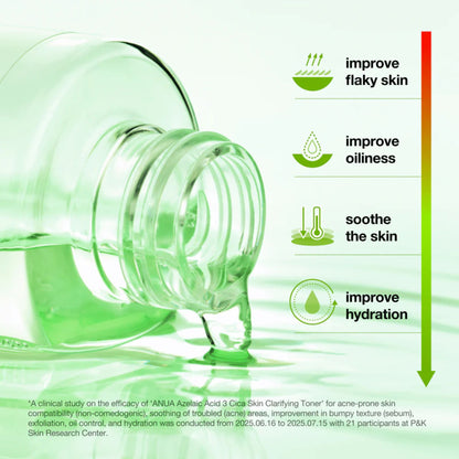 Green skincare product with text on benefits and a clinical study reference.