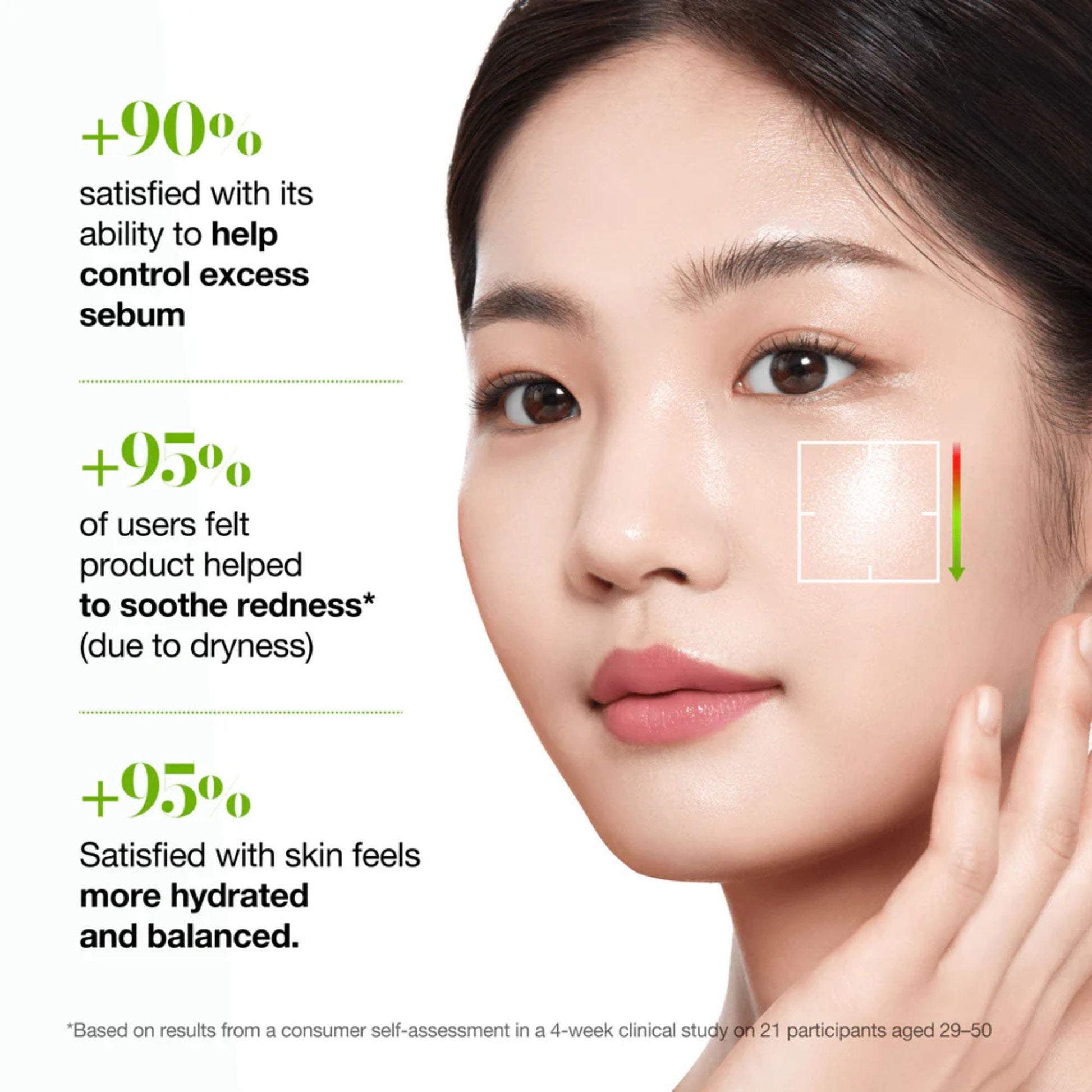 Woman with clear skin showing product benefits on a white background