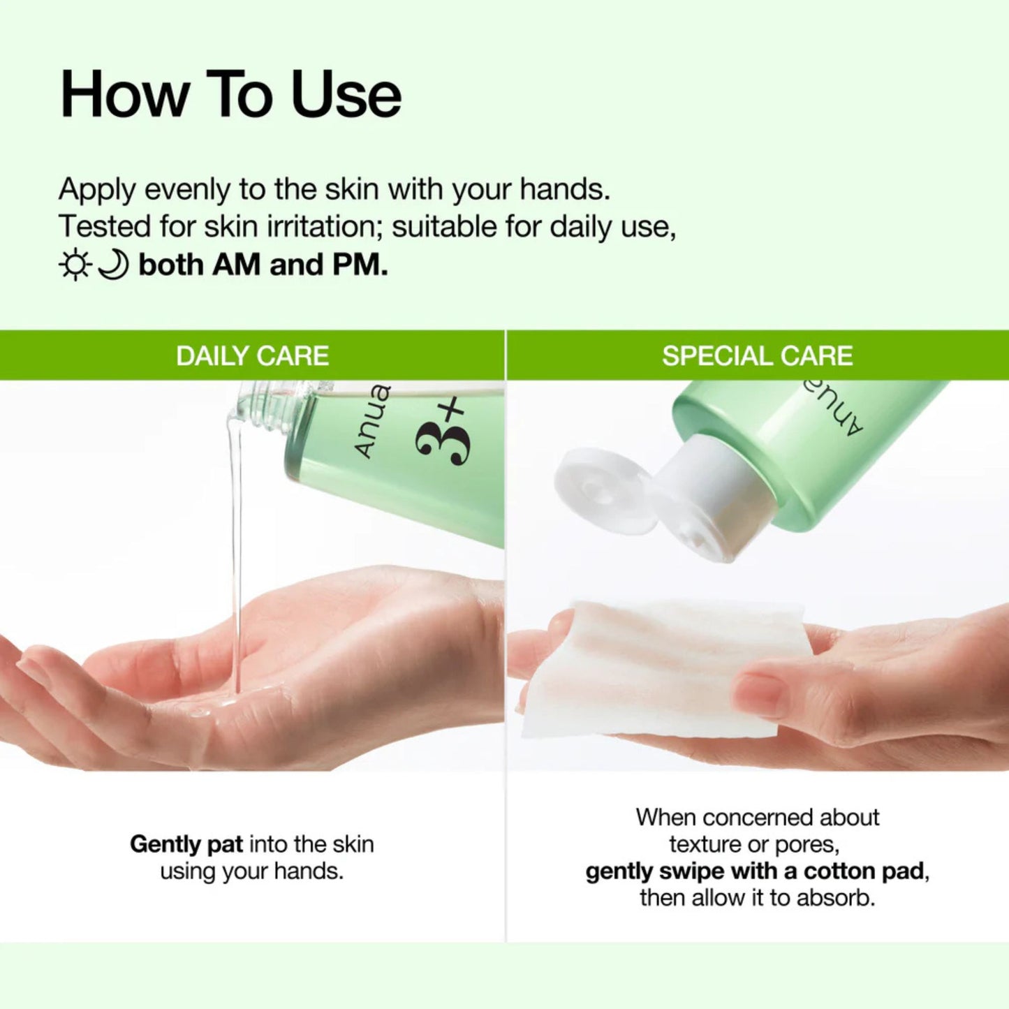 Instructions on how to use a skincare product with text and images of hands applying the product.