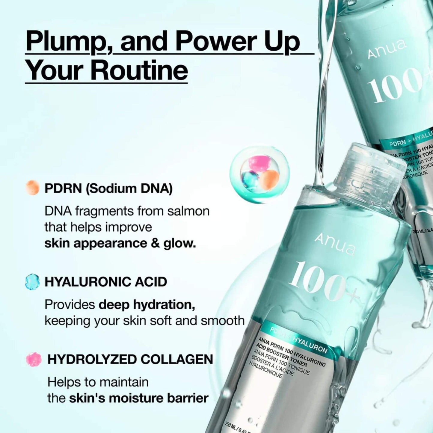 Anua skincare product with text highlighting ingredients and benefits on a light blue background