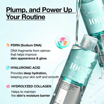 Anua skincare product with text highlighting ingredients and benefits on a light blue background