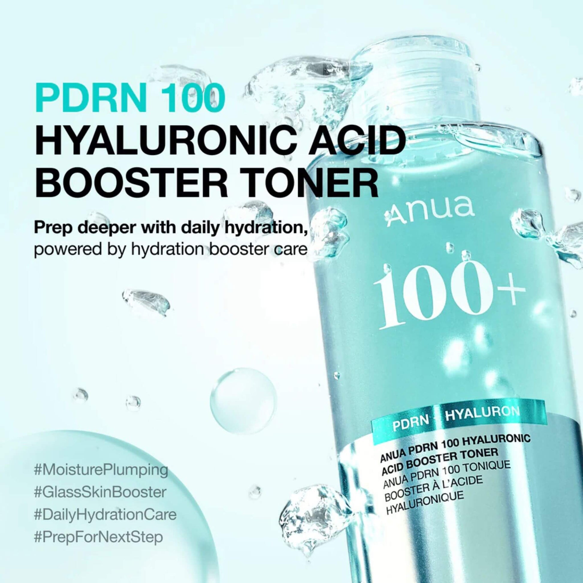 Anua PDRN 100 Hyaluronic Acid Booster Toner bottle with water droplets on a light blue background