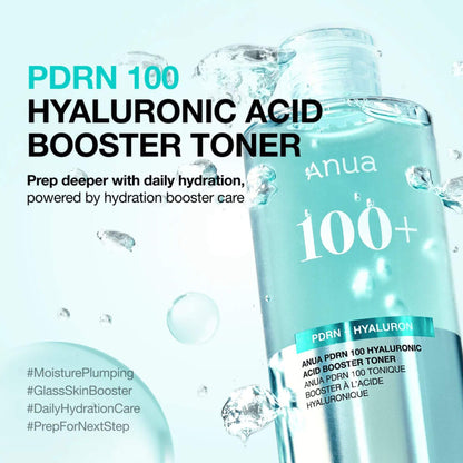 Anua PDRN 100 Hyaluronic Acid Booster Toner bottle with water droplets on a light blue background