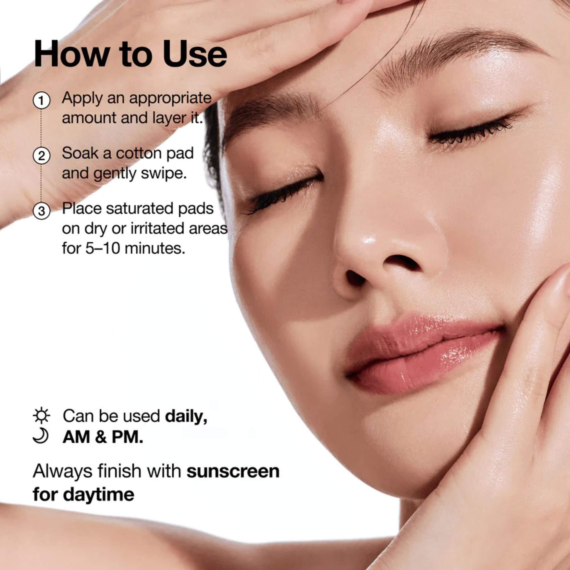 Instructions on how to use a skincare product with a close-up of a woman's face.