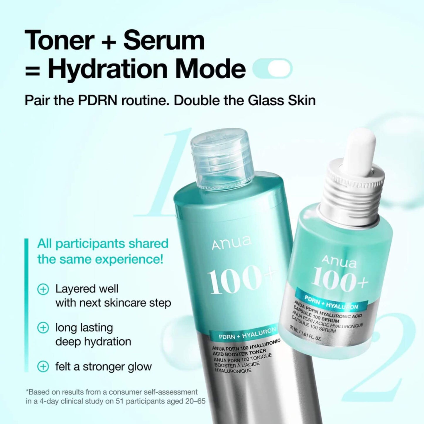 Two skincare products with text about toner and serum benefits on a light blue background