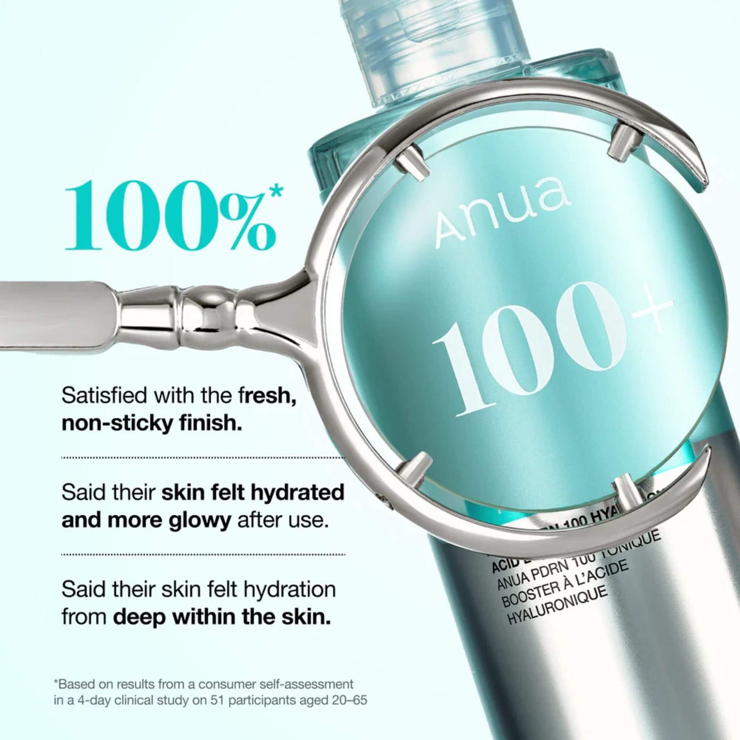 Anua skincare product with a magnifying glass highlighting '100%' on a white background