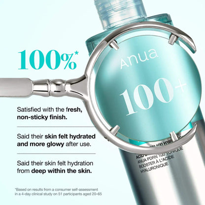 Anua skincare product with a magnifying glass highlighting '100%' on a white background