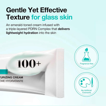 Tube of moisturizing cream with text about its properties on a light blue background