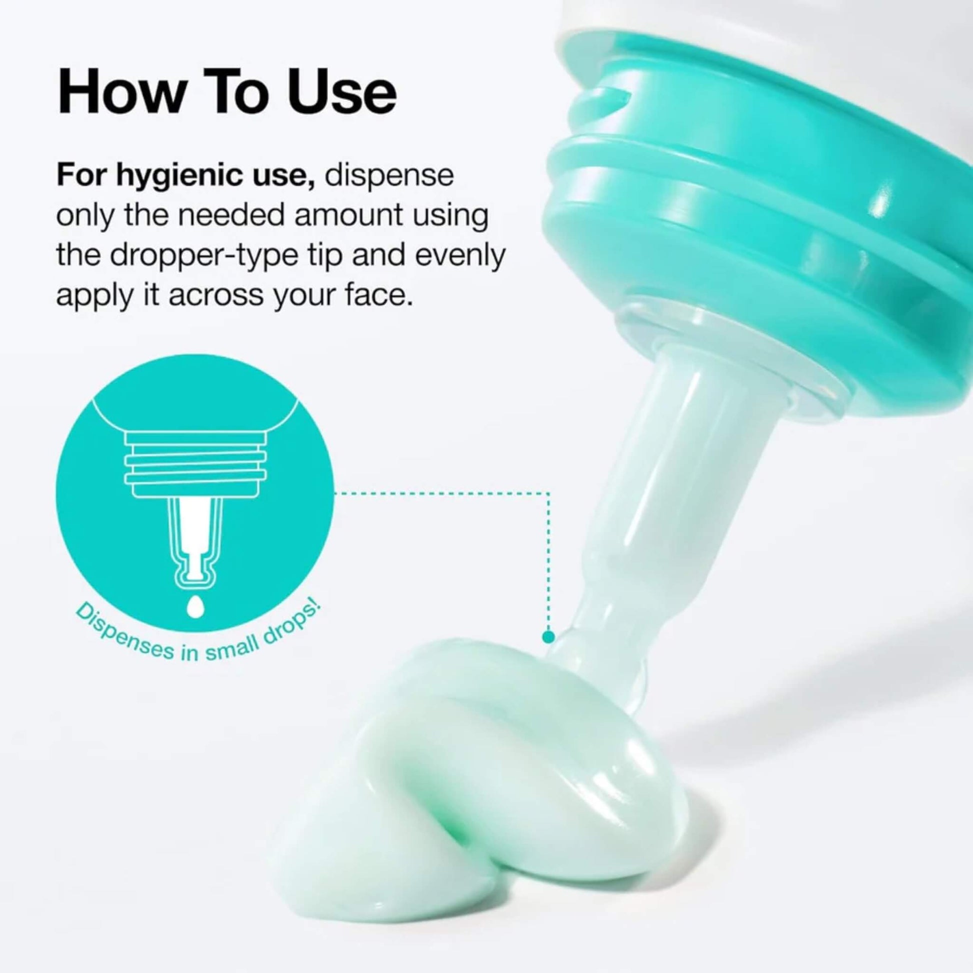 Teal skincare product with dropper-style tip and text on how to use it hygienically.