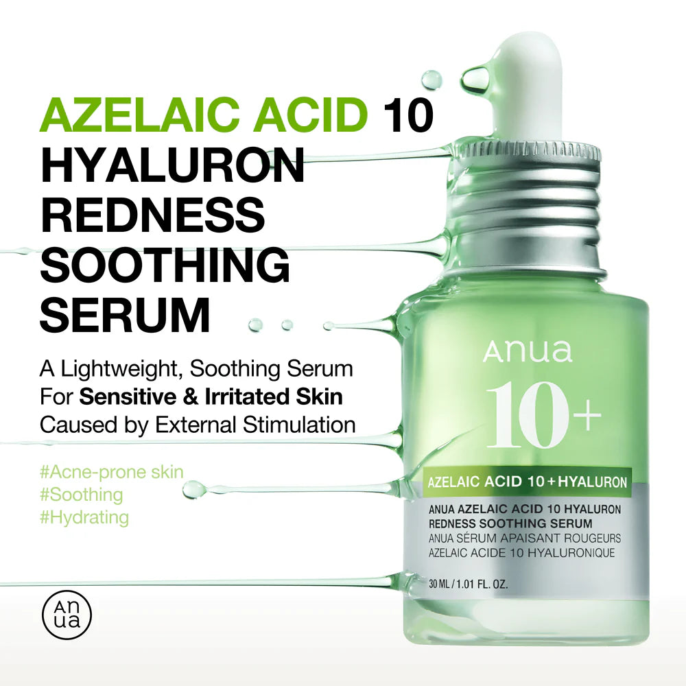 Anua Azelaic Acid 10 Hyaluron Redness Soothing Serum bottle with text on a white background