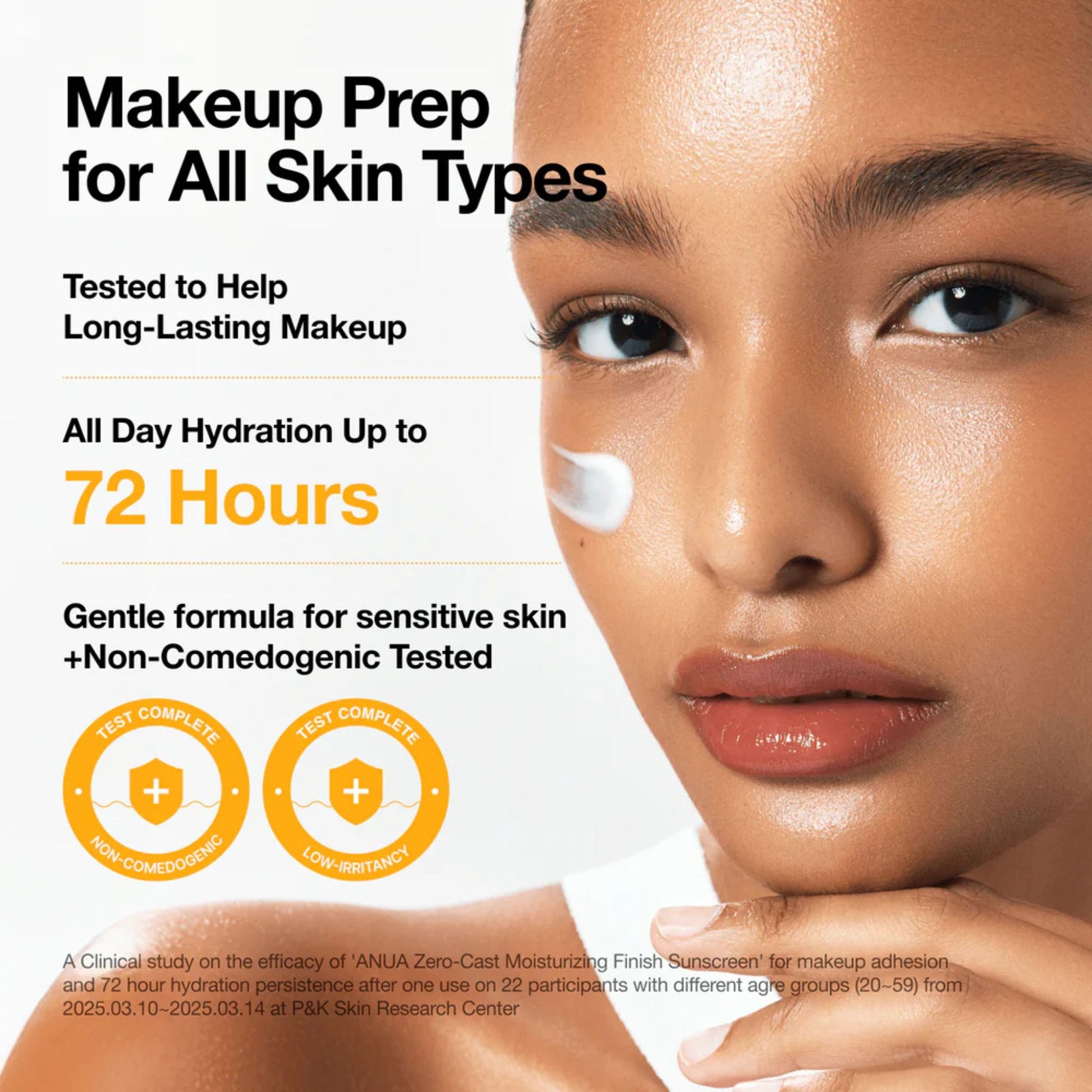 Advertisement for makeup prep product with a model's face and text about hydration and skin type compatibility.