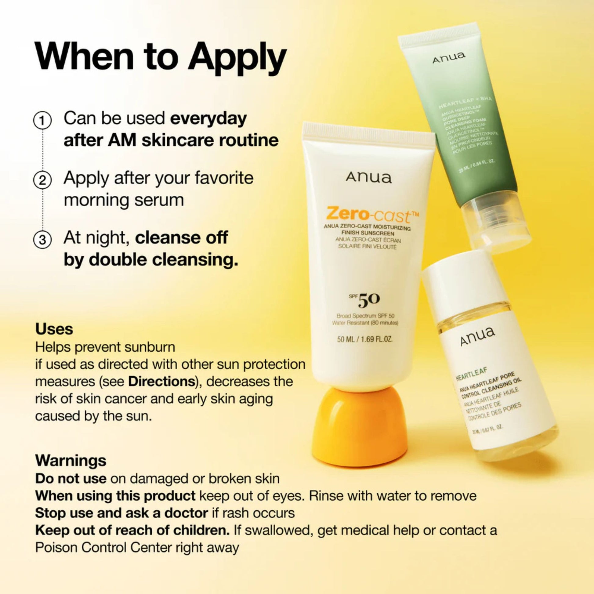 Anua skincare products with usage instructions on a yellow background