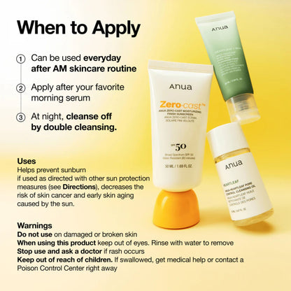 Anua skincare products with usage instructions on a yellow background