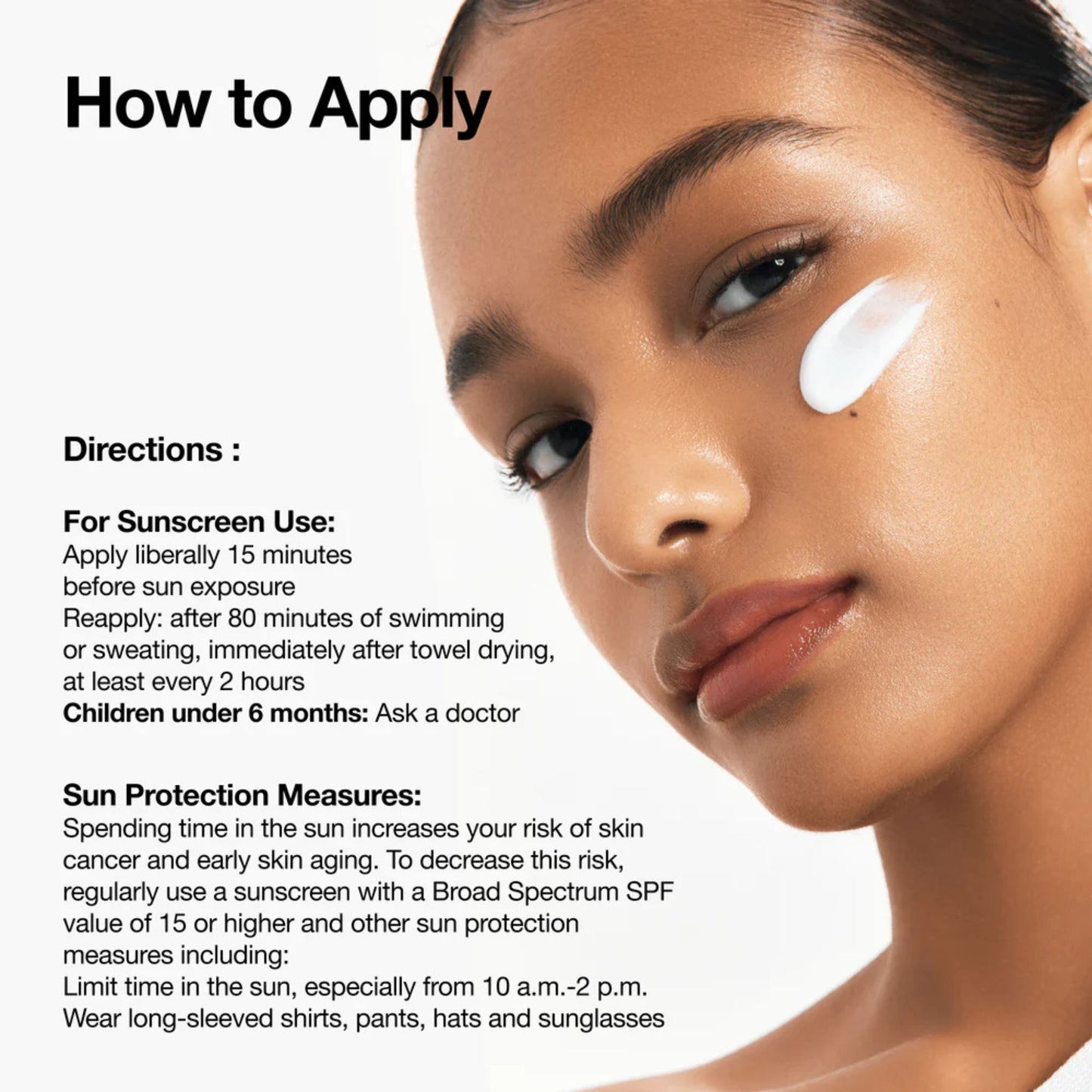 Woman applying sunscreen with text on sun protection and application directions.