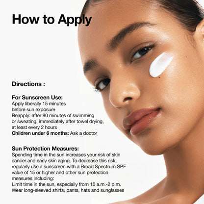 Woman applying sunscreen with text on sun protection and application directions.