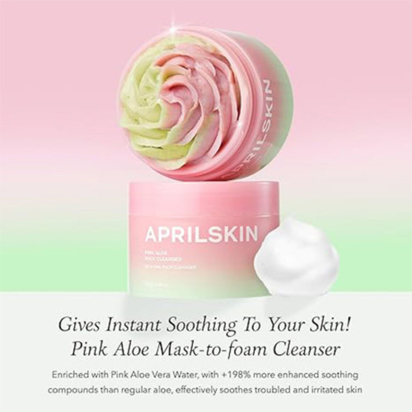 APRILSKIN Pink Aloe Mask-to-foam Cleanser with pink and green foam on a light pink background
