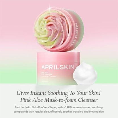 APRILSKIN Pink Aloe Mask-to-foam Cleanser with pink and green foam on a light pink background