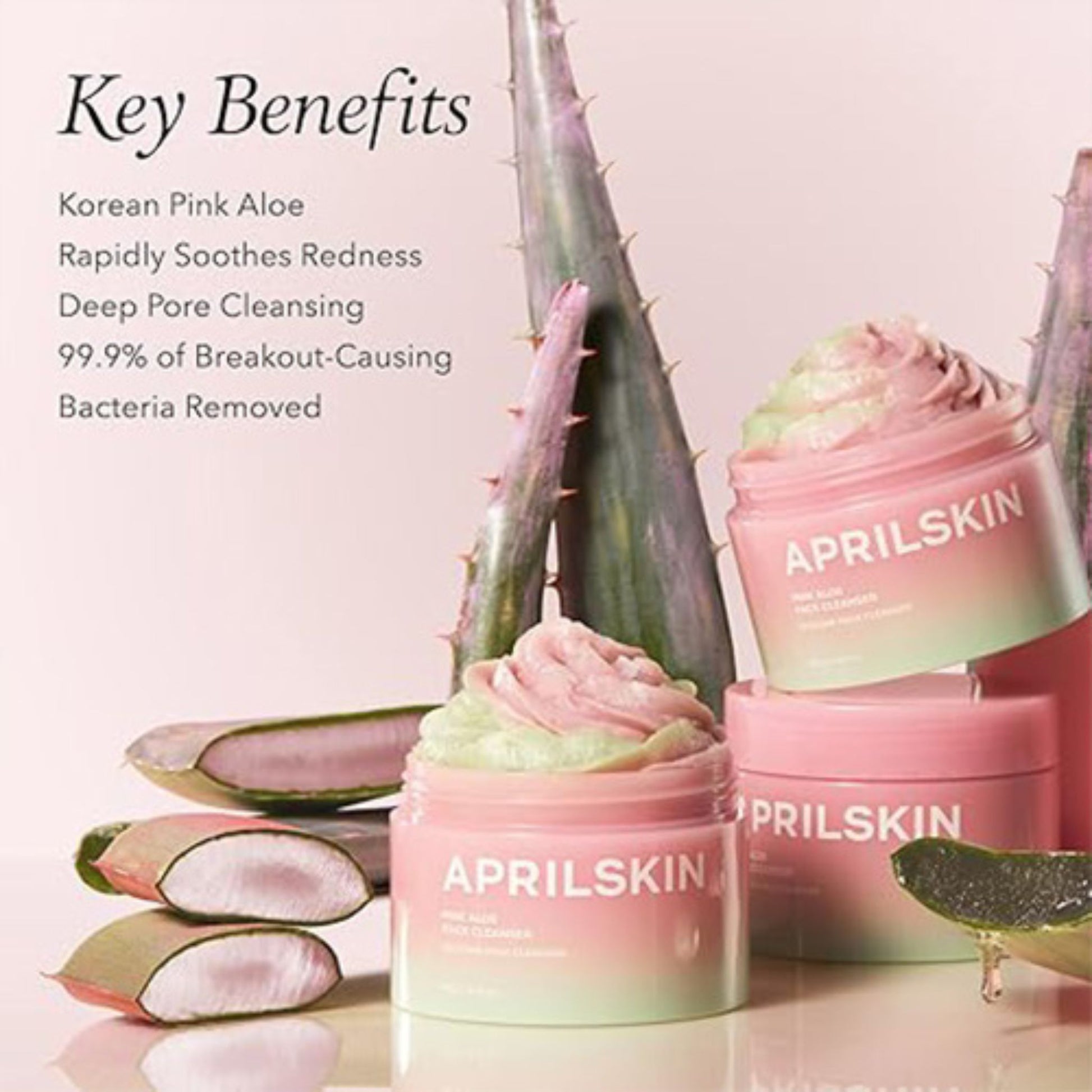 APRILSKIN skincare products with pink aloe vera on a light pink background