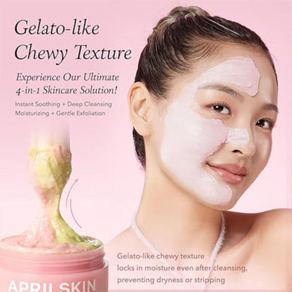 Woman applying a skincare product with text about gelato-like chewy texture and April Skin brand.