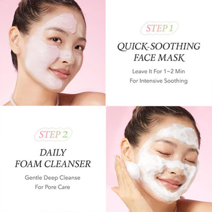 Two steps of a skincare routine with quick-soothing face mask and daily foam cleanser.