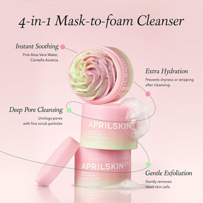 APRILSKIN 4-in-1 Mask-to-foam Cleanser with product details on a pink background