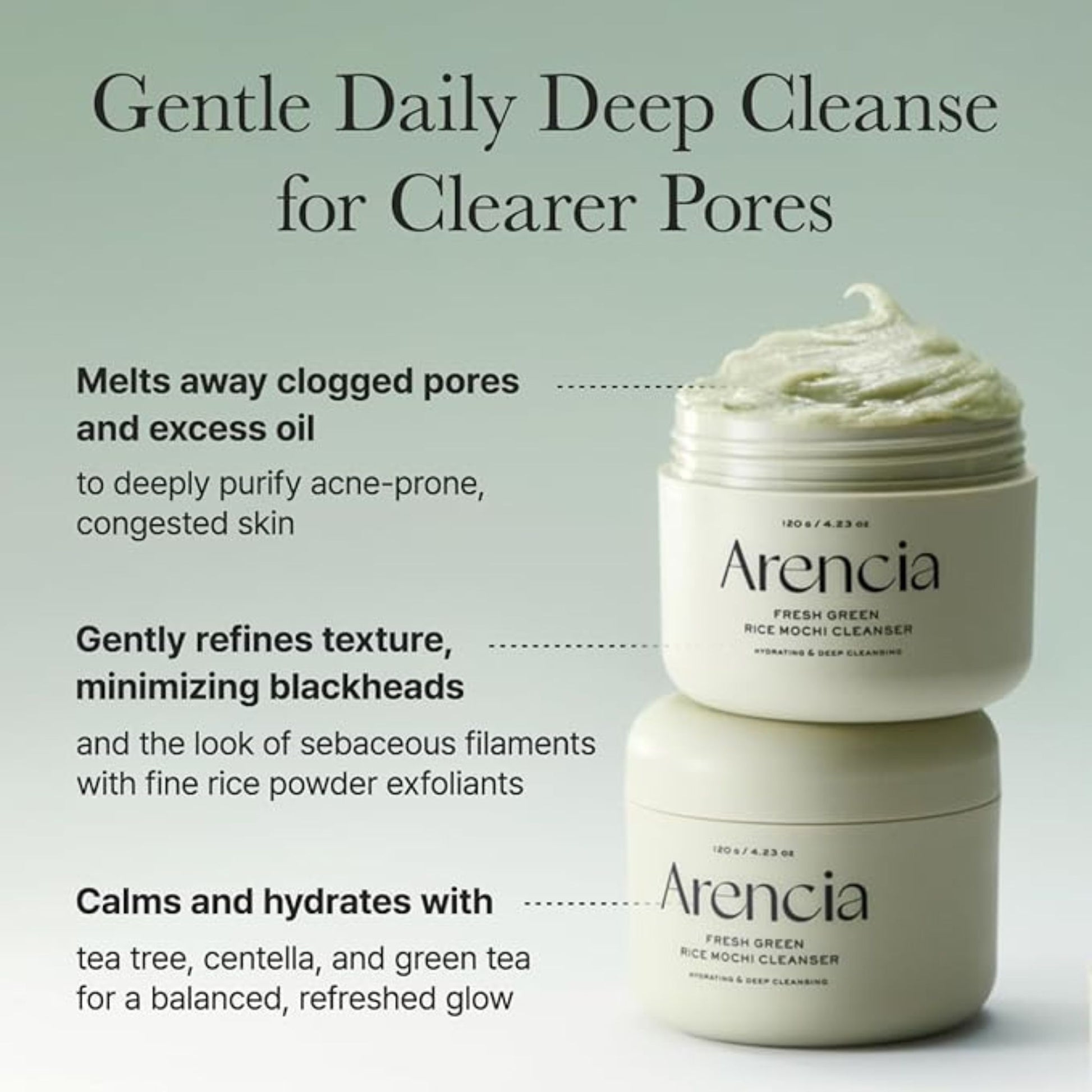 Arencia rice mochi cleanser with product description on a light green background