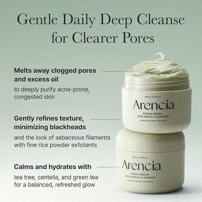 Arencia rice mochi cleanser with product description on a light green background