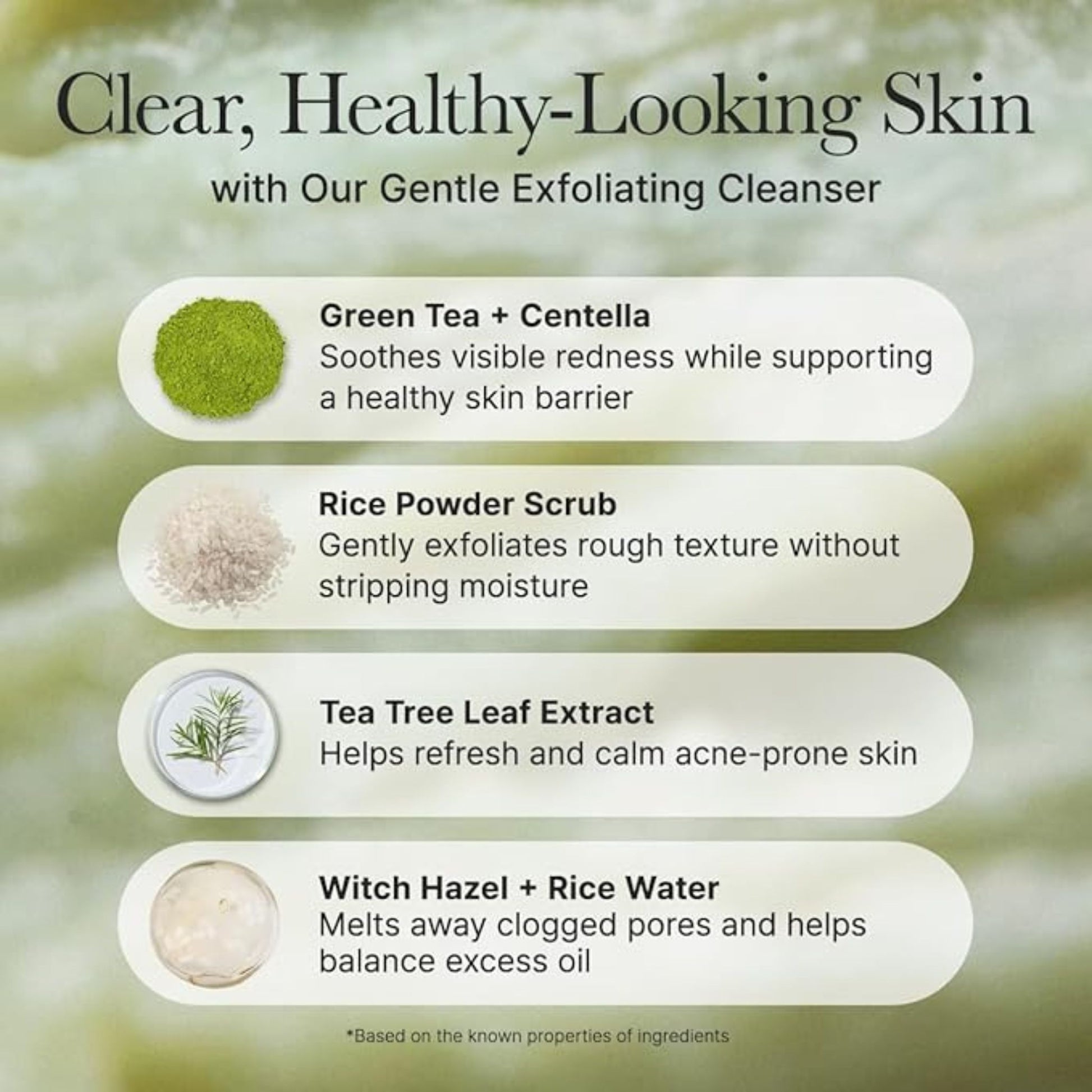 Product advertisement for a gentle exfoliating cleanser with ingredients and benefits on a green background.