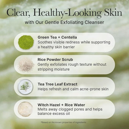 Product advertisement for a gentle exfoliating cleanser with ingredients and benefits on a green background.